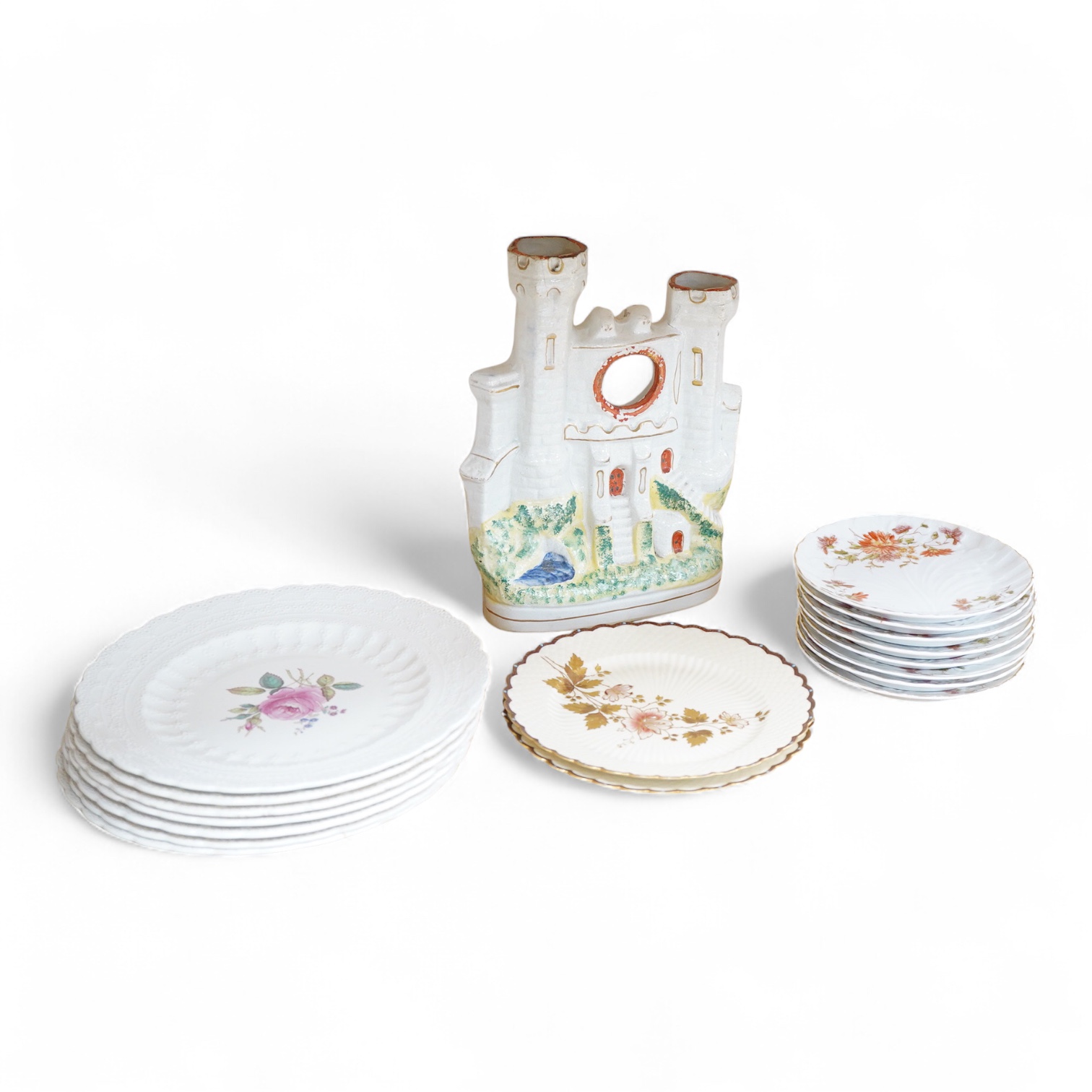 A collection of Spode Jewel plates, 27cm diameter, two Limoges plates, a Staffordshire flat back and floral side plates